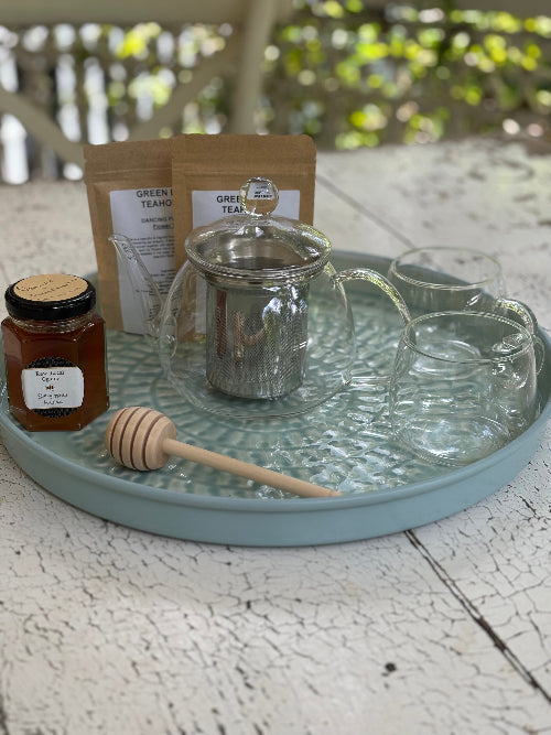 GLASS TEA POT SET WITH LOOSE LEAF TEA AND RAW ORGANIC HONEY