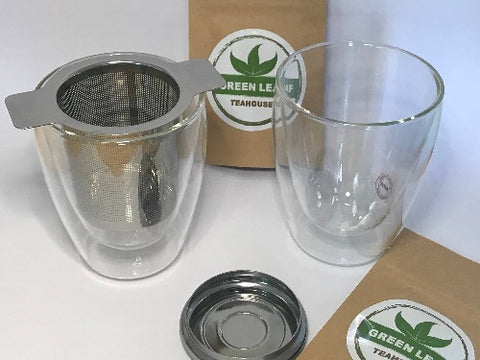 Double wall glasses gift pack includes 2 X Double wall glasses,  2 X Loose leaf tea samples and 1 X Stainless steel infuser with lid  with stainless steel infuser