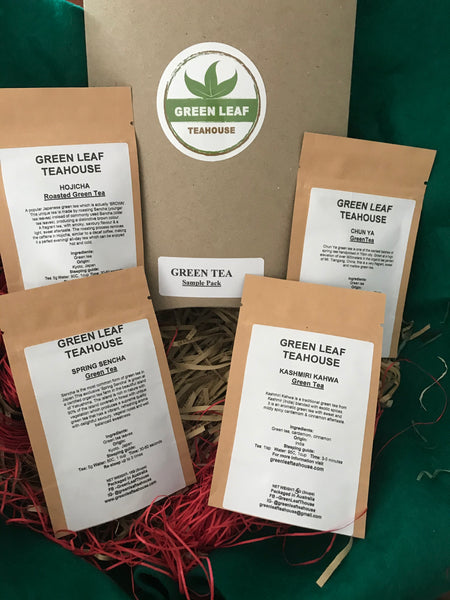 GREEN TEA SAMPLE PACK includes four different varieties of green teas from Japan, India and China that vary in taste and style.